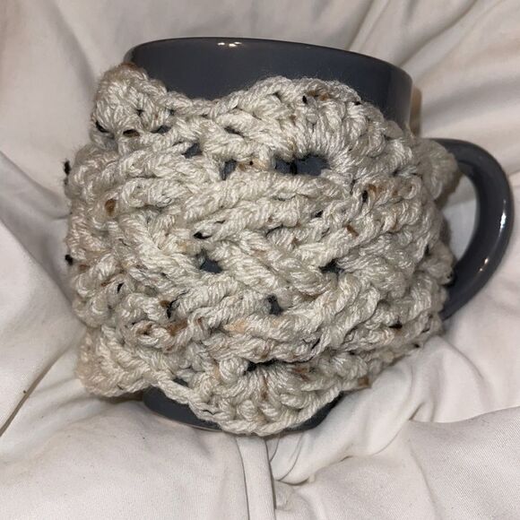 Handmade coffee tea mug hug hugger cozy NEW gift cream tweed grey gray - Picture 2 of 4
